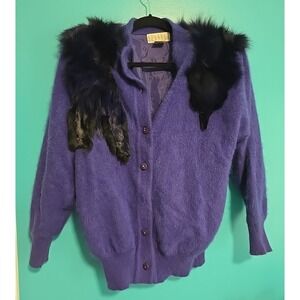 vtg 80s  purple Angora rabbit hair wool blend Silver Fox collar Cardigan Sweater